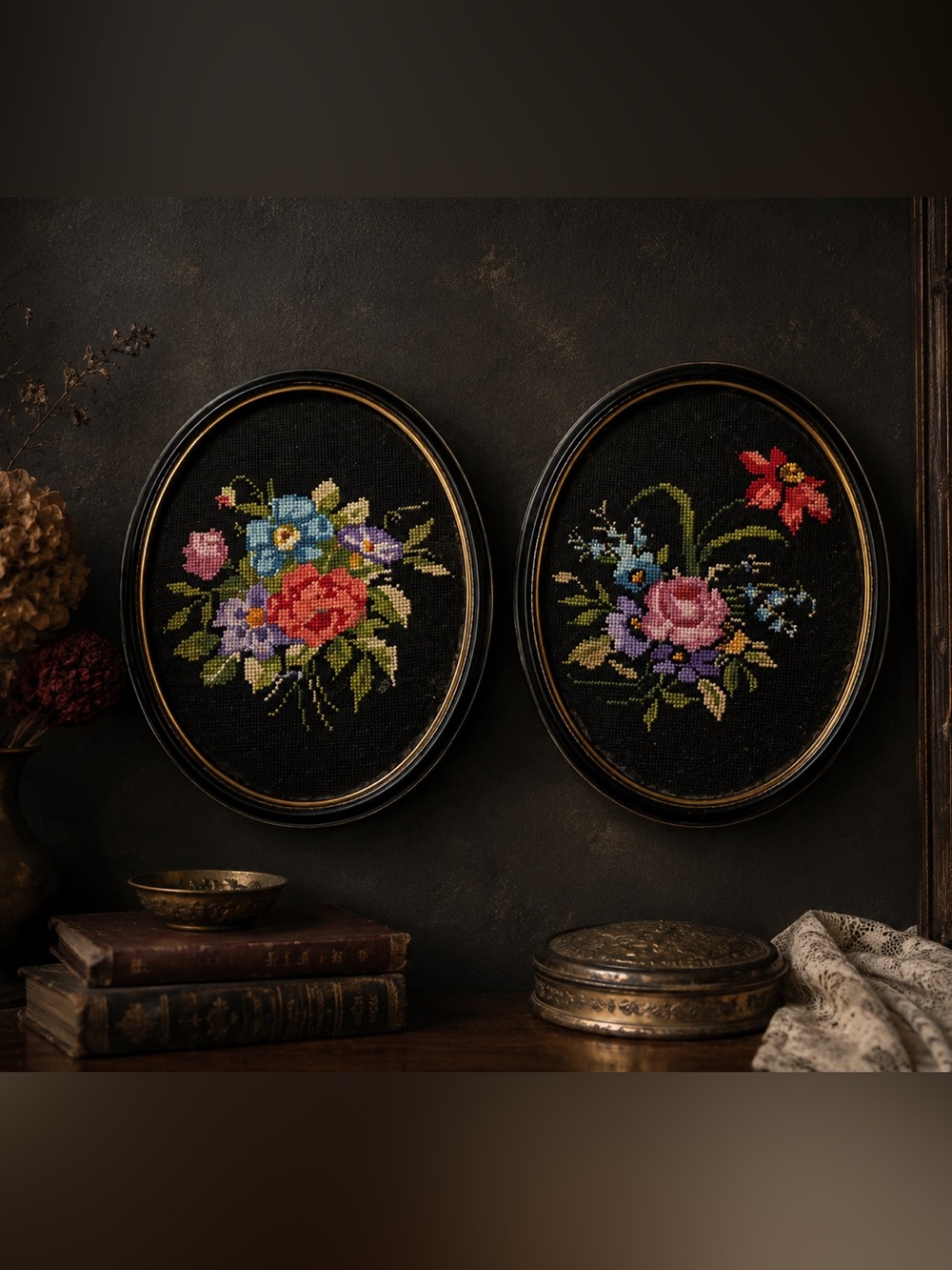 Vintage Hand Embroidery Oval Framed Needlepoint Flowers Wall Hanging Set of 2‎